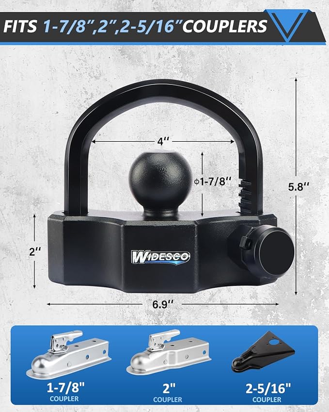 Trailer Lock Universal Trailer Hitch Locks, Adjustable Heavy-Duty Trailer Coupler Ball Lock Fit 1-7/8 Inch, 2 Inch, 2-5/16 Inch Couplers with 2 Keys Alike, Black