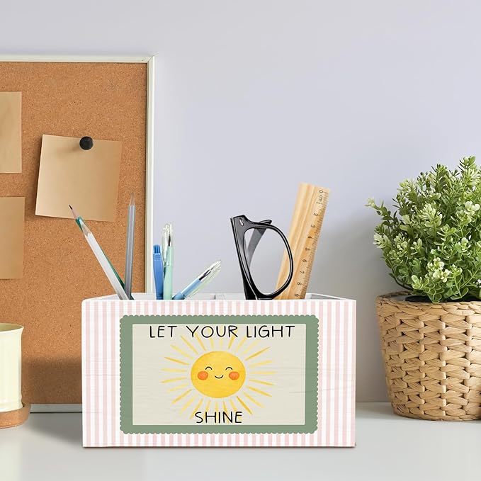 Boho Sun Inspirational Pen Pencil Holder for Desk, Boho Classroom Decor, Let Your Light Shine Cute Sunshine Wooden Box Sign Desk Decor for Kids Room Nursery Playroom Decoration
