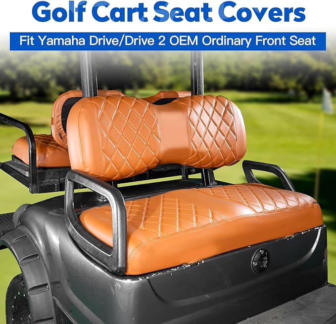 NOKINS 4PCS Golf Cart Seat Covers Kit, Front and Rear Seat Covers Fits YAMAHA/G29/Drive2 Standard Seat Cushion, Yamaha Vinyl Diamond Replacement Seat Covers, No Stapler(All Brown)