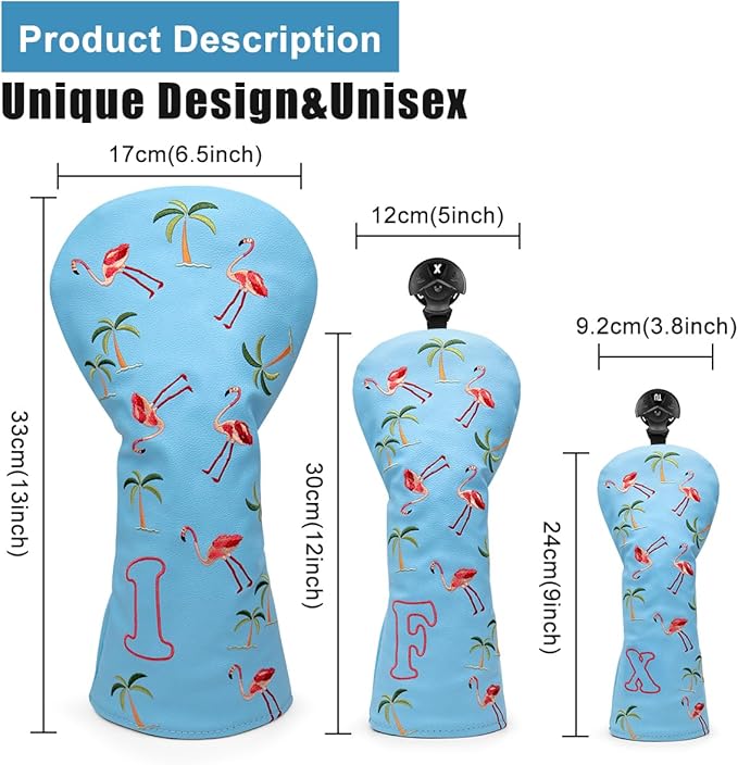 Golf Club Head Covers Golf Driver Fairway Hybrid Head Cover Flamingo Design Premium Leather Waterproof Driver Fairway(FW) Wood Hybrid(UT) with Number Tags 3 Wood Headcover