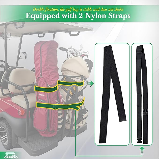 Upgrade Golf Cart Bag Holder Bracket, Adjustable Golf Cart Bag Bracket for 2+2 Rear Seat with 1 Inch Square Tube, No Drilling Golf Bag Holder Attachment for Club Car EZGO Yamaha, Include Nylon Strap