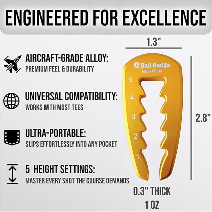 Ball Badge HeightRight Adjustable Golf Tee Height Tool – Precision Tee Height Setter for Consistent Swings, Durable Aluminum Design, Easy-to-Use Golf Training Aid