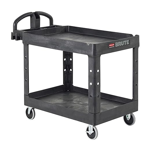 Rubbermaid Commercial Products 2-Shelf Utility/Service Cart, Small, Lipped Shelves, Ergonomic Handle, 500 lbs. Capacity, for Warehouse/Garage/Cleaning/Manufacturing