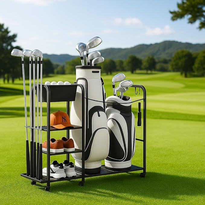 niffgaff Golf Bag Organizer Golfing Storage Stand for Garage Golf Bags Golfing Rack with Wheels Black