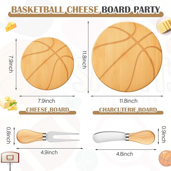 Basketball Cheese Board Gift Set Party Favor Prizes Charcuterie Wood Board with Knives and Box Father Day Gift for Dad Grandpa Party Tournament Game(7.9"x 7.9", Bamboo Color)