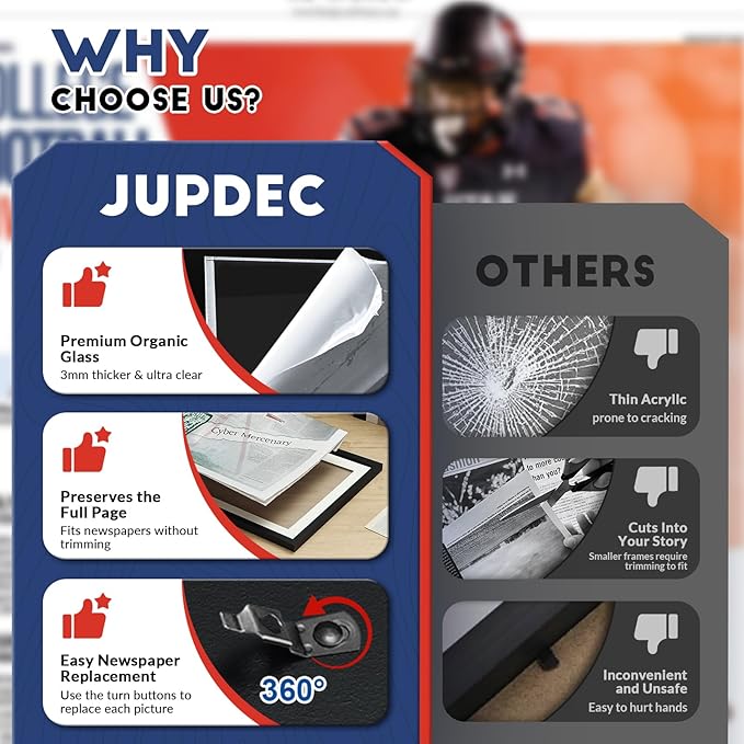 JupDec 11 × 22 Up to 13 × 24 Newspaper Frame, Premium Wood Display Case with Acrylic Panel, Wall Mount or Tabletop Stand, Perfect for Home & Office Decor, Ideal Gift for Collector, 6 Pack, White