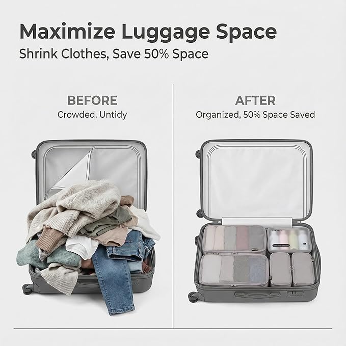 6 Set Compression Packing Cubes for Travel, Large Medium Small Luggage Organizers, Storage Bags for Clothes and Essentials (6 Pack, Misty Silver)