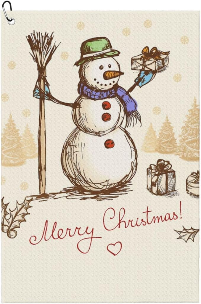 Christmas Snowman and Gift Golf Towel Waffle Microfiber with Hook Detachable Clip 24x16in