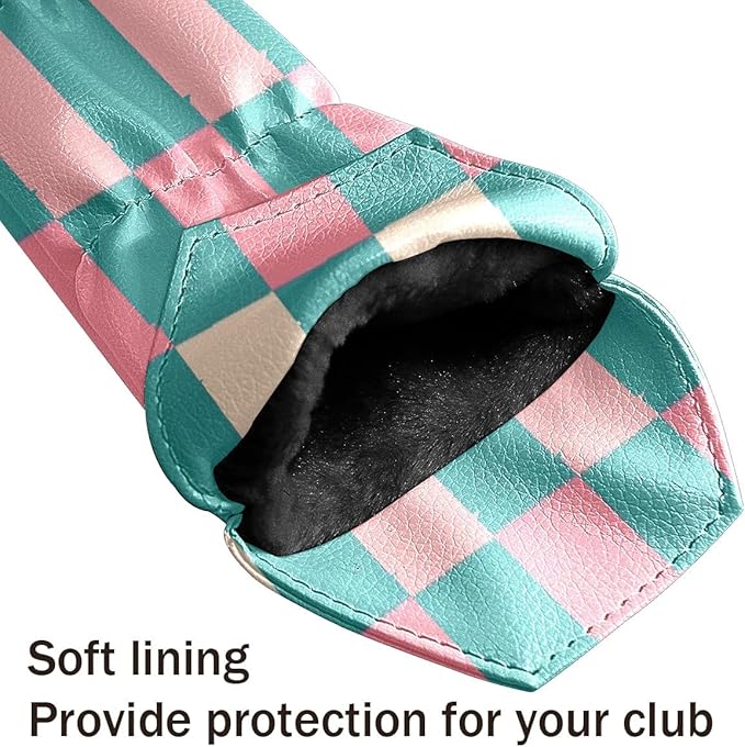 Golf Club Head Covers for Driver Hybrid and Fairway Woods, Waterproof Leather Headcovers for Golf Clubs, Ideal Golf Accessories Gift for Men Women (Pink and Teal Checkered)