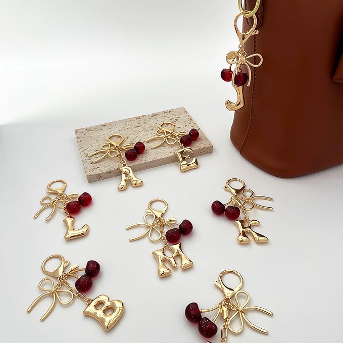 Gold Bubble Heart, Cherry, Bow & More Designs Letter Initial Keychain Bag Charms – Cute Purse Charms for Handbags