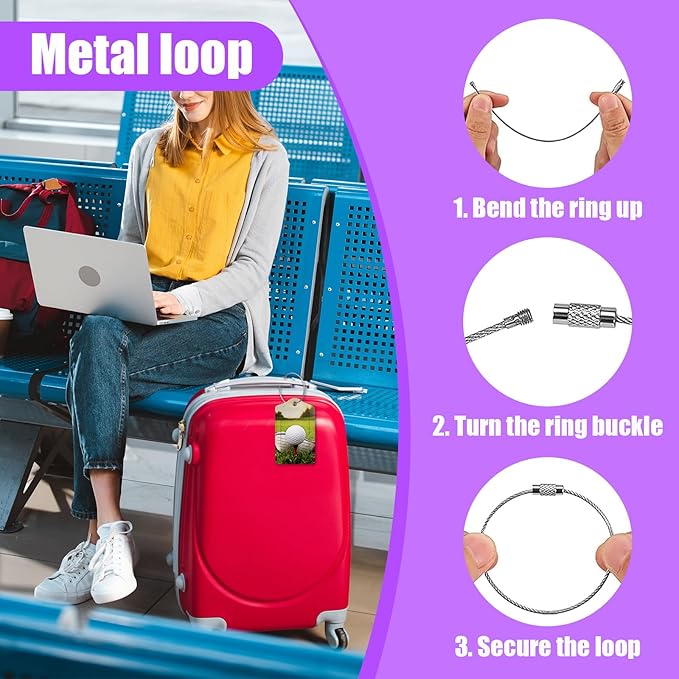 3 Pack Golf Ball Luggage Tags for Suitcase PU Leather Travel Luggage Tag Privacy Cover ID Label with Stainless Steel Loop for Women Men Baggage Backpack Handbag School Bag