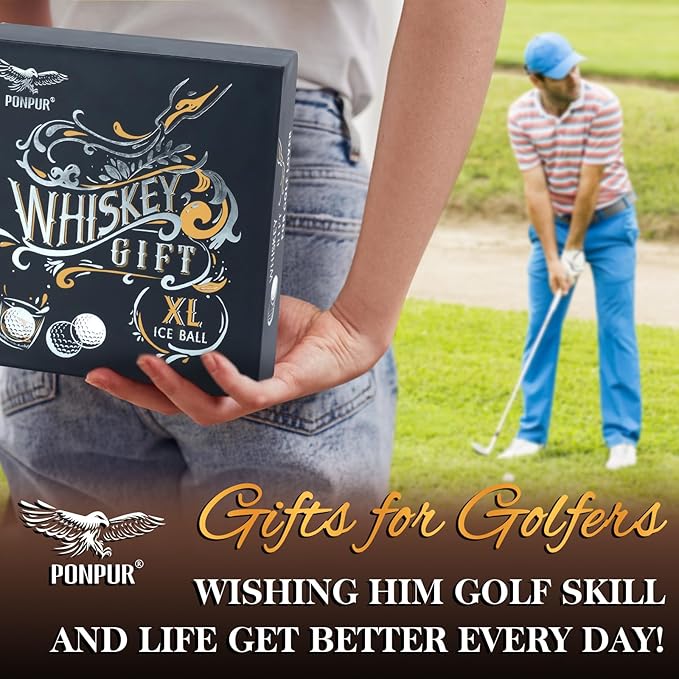 PONPUR Men's Golfer Gifts, Chirstmas Anniversary Birthday Gifts for Dad Him Husband, 4 Whiskey Golf Balls with 1 Tongs, Reusable Stainless Steel Golf Ice Balls Whiskey Gift for Golf Lover