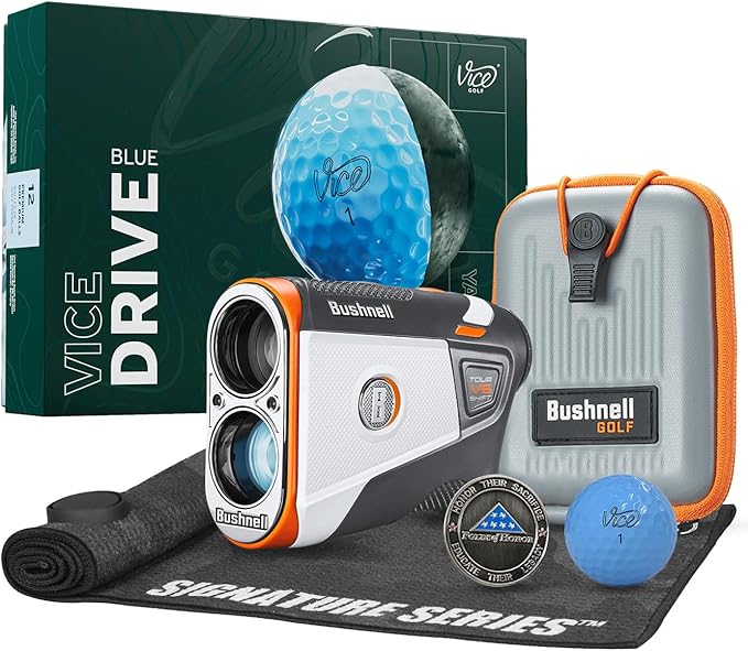 Bushnell Golf Tour V6 Shift Laser Rangefinder with Vice Balls | Slope Compensation, PinSeeker, Magnetic Mount, 1300 YD Range, 6X Magnification | Signature Series Golf Towel