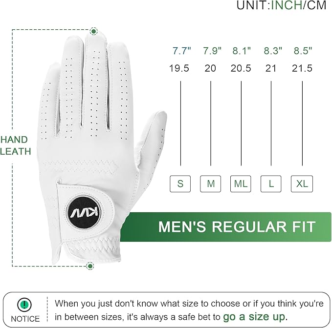 KVV Cabretta Leather Golf Gloves for Men, Mens Golf Gloves Worn on Left Hand, Premium Grip, Exceptional Comfort