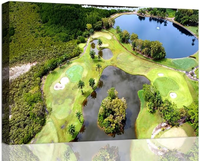 Golf Course Canvas Wall Art for Living Room Bedroom Bathroom Home Decorations Golf Course and Lake Picture Poster Prints Artwork Framed Ready to Hang(12''H x 16''W)