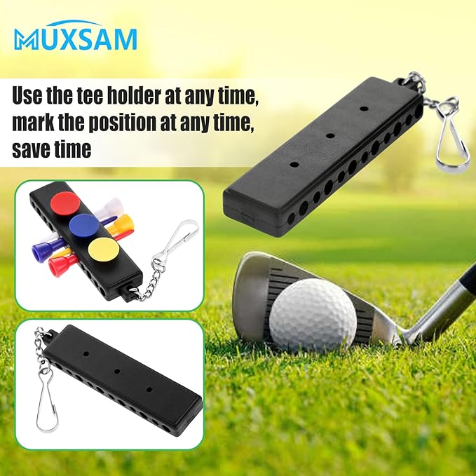 MUXSAM Black Golf Tee Holder for Bag, 1-Pack Golf Tee Carrier with 12 Tee Hole 3 Ball Markers Holes Keychain Golf Accessory