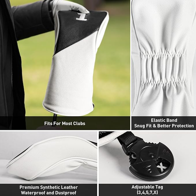 FINGER TEN Golf Club Head Covers for Woods Driver Fairway Hybrid with Interchangeable Number Tag 1 3 5 Premium Leather Headcovers for Women Men