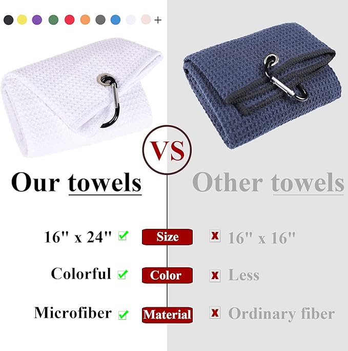 VIVIDLY 2 Pack 16" x 24" Tri-fold Golf Towels, Premium Microfiber Fabric Waffle Pattern with White Heavy Duty Carabiner Clip, Orange Golf Towels for Golf Bags for Men (White)