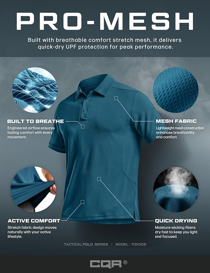 CQR Men's Polo Shirts, Tactical Short Sleeve Golf Performance Shirts, Lightweight Dry Fit UPF 50+ Pique