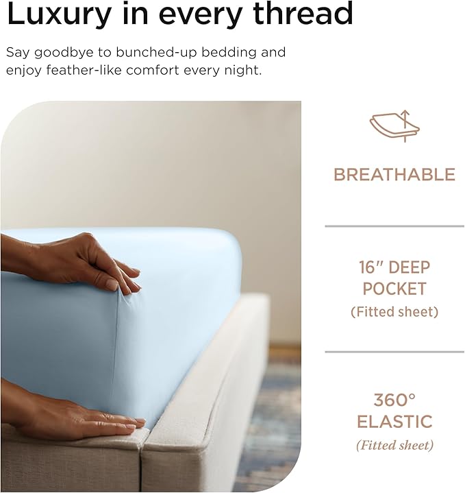 Threadmill Luxury 800 Thread Count California King 100% Cotton Sheets - Light Blue Sateen Weave Bed-Sheets, Better Than Egyptian Cotton,4 Pc Solid Bedding Set, Fits 16" Deep Pocket