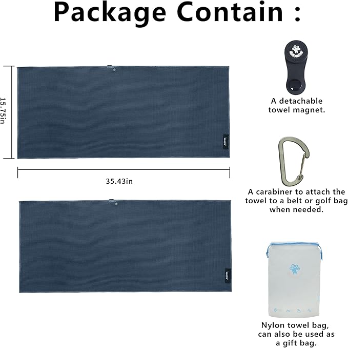 4Monster Golf Towels 3-Pack with Detachable Magnet and Portable Pouch, Quick-Dry Microfiber Golf Towel Set for Golf Bags,Custom Towel Gifts for Men or Women (2, Navy Blue)