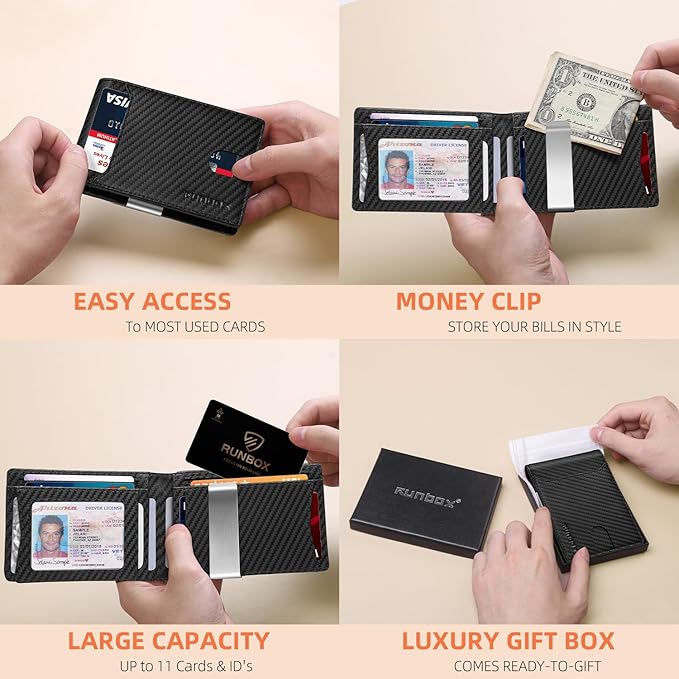 RUNBOX Money Clip Wallets for Men,Slim Leather Mens Bifold Wallet,RFID Blocking Front Pocket Wallet,Thin Credit Card Holder with Gift Box