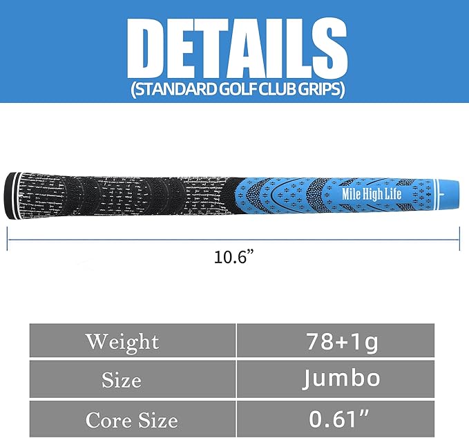 Mile High Life Golf Grips 13 Pack / 3 Pack - All-Weather Soft Rubber Golf Club Grips - High Shock Absorption, Enhanced Traction - Standard, Midsize & Jumbo Size (Core 0.58"-0.61")