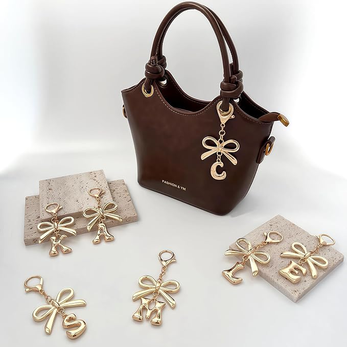Gold Bubble Heart, Cherry, Bow & More Designs Letter Initial Keychain Bag Charms – Cute Purse Charms for Handbags