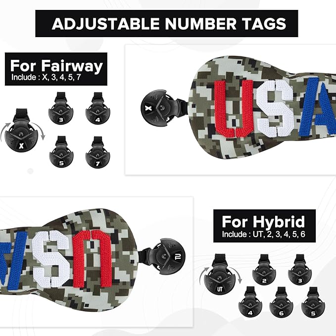 Golf Club Head Covers, Camouflage USA Design Golf Driver Covers, Fairway Wood and Hybrid Head Covers with Interchangeable Tags, Durable Canvas Material Golf Club Covers