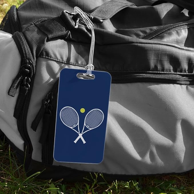 ChalkTalkSPORTS Tennis Luggage & Bag Tag | Crossed Tennis Rackets | Custom Info on Back | Large | Navy