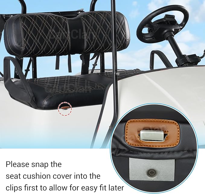 Golf Cart Seat Covers Suitable for EZGO TXT Standard Front Seat Cushion, EZGO Front Seat Covers Kit No Drilling & Waterproof (Black PVC Leather & Brown Stitching)