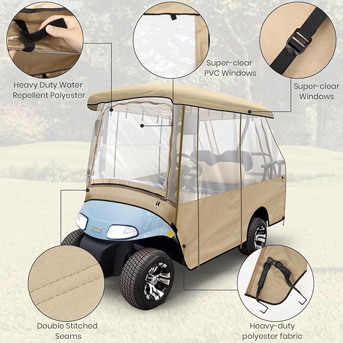 Leader Accessories 2 + 2 Person Golf Driving Enclosure Short Roof 2 Over 4 Passenger Golf Cart (Tan)