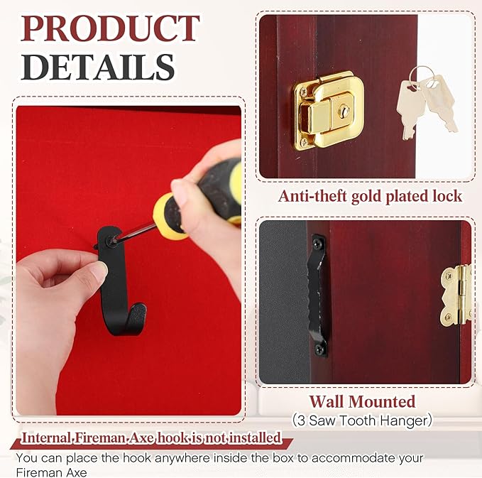 44.5'' Firefighter Fireman Axe Display Case Wooden Wall Mount Storage Display Rack with Hanger Stand Lock W/ 98% UV Protection Acrylic Clear Door for Retired Firefighter Collector Memorabilia