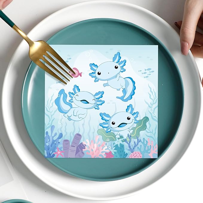 Axolotl Birthday Decorations, Disposable Paper Blue Axolotl Birthday Decorations Napkins Supplies Pack of 50, Cute Party Baby Shower Decor Size 6.5 Inch