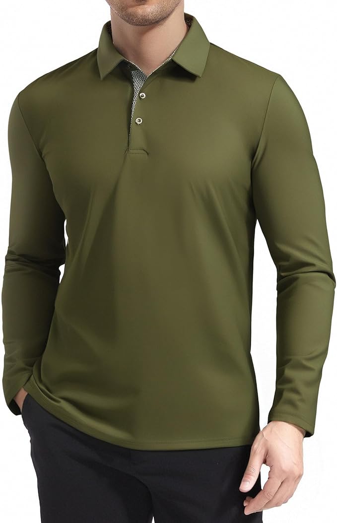 Alex Vando Mens Golf Shirt Moisture Wicking Quick-Dry Solid Long Sleeve Polo Shirts for Men