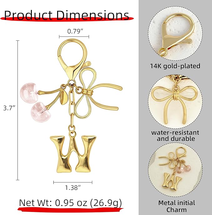 Gold Bubble Heart, Cherry, Bow & More Designs Letter Initial Keychain Bag Charms – Cute Purse Charms for Handbags
