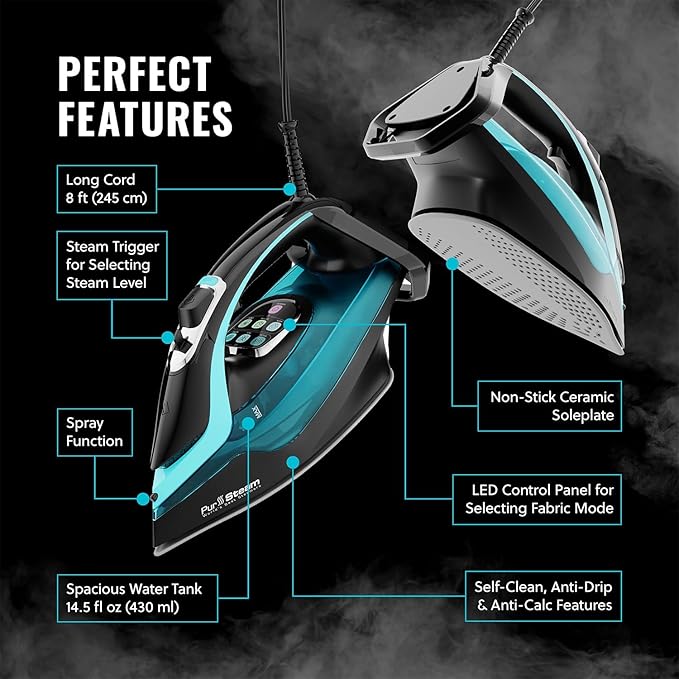 PurSteam SteamTech Elite 1750W Steam Iron, Digital Temp Control & LED Display, Ceramic Soleplate, Adjustable Steam, Self-Clean, Anti-Calc, Anti-Drip, Auto Shut-Off
