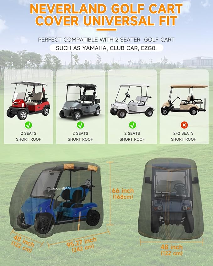 NEVERLAND Golf Cart Cover 2 Passenger, Heavy Duty 420D Golf Cart Covers, Waterproof Club Car Golf Cart Cover with Zipper Doors Compatible with EZGO Yamaha Club Car 2 Seat (Up to 95 Inch)