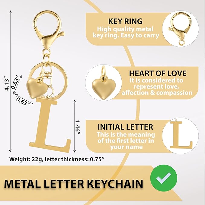 Metal Heart Alphabet Keychain for Women, Girls - Cute Initial Letter Accessories for Purse, Bag Charms and Backpack