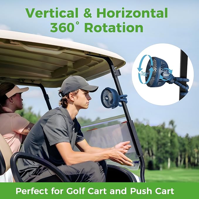 10L0L Golf Cart Fan Rechargeable with Flexible Tripod Mount - 10000mAh Battery Operated Portable Fan 360° Rotatable Head, Fits for Yamaha/EZGO/Club Car Golf Cart with LED Light