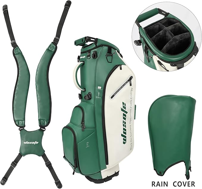 Lightweight 14-Way Golf Stand Bag, PU Leather Golf Bag Waterproof Men Women Full Length Top Dividers, Multiple 8 Pockets Cooler Pouch Adjustable Detachable Shoulder Dual Straps Rain Cover Hood