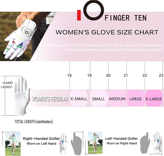 Amy Sport Womens Golf Glove with Ball Marker Rain Left Right Hand Leather Printed Pack, Ladies Golf Gloves All Weather Grip Breathable Soft Size Small Medium Large XL