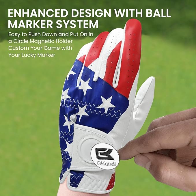 Golf Gloves Men Right Handed Golfer Left Hand Leather Stylish Value 2 Pack with Ball Marker, Mens Golf Glove All Weather Grip, Size Small Medium ML Large XL