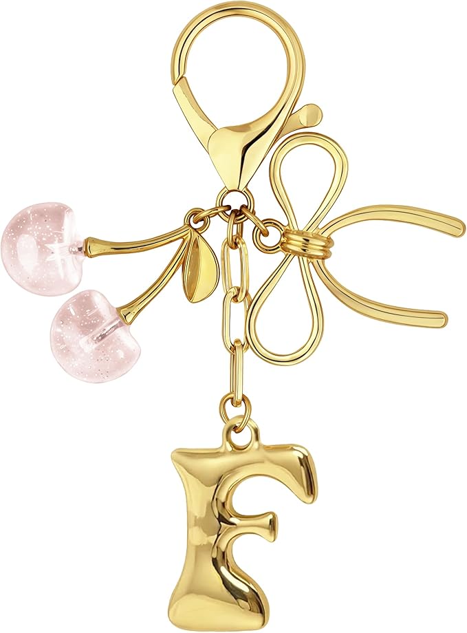 Gold Bubble Heart, Cherry, Bow & More Designs Letter Initial Keychain Bag Charms – Cute Purse Charms for Handbags
