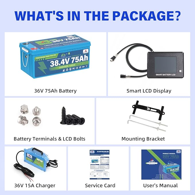 36V 75Ah LiFePO4 Battery with Mounting Bracket, 38.4V 2880Wh Lithium Bluetooth 200A BMS, 4.9'' LCD, 43.8V 15A IP67 Charger - 10-Year Lifespan Fit Golf Carts, Lawn mower, Trolling Motors (4500W Max)