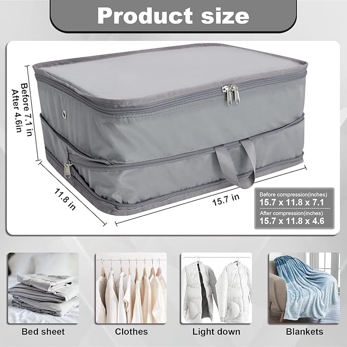 Extra Large Compression Packing Cubes for Travel Essentials, 2 Pack Expandable Travel Cubes for Packing Bags Suitcase Organizer, Grey