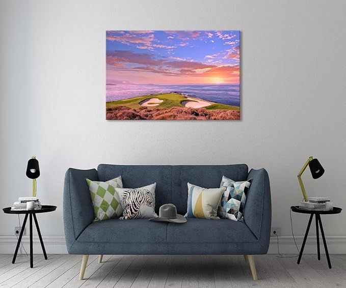 Pebble Beach Golf Course Hole 7 Wall Art Prints - Monterey California USA Golf Course Canvas Wall Art for Living Room Bedroom Bathroom Home Decorations Gifts Framed Ready to Hang(12''H x 16''W)