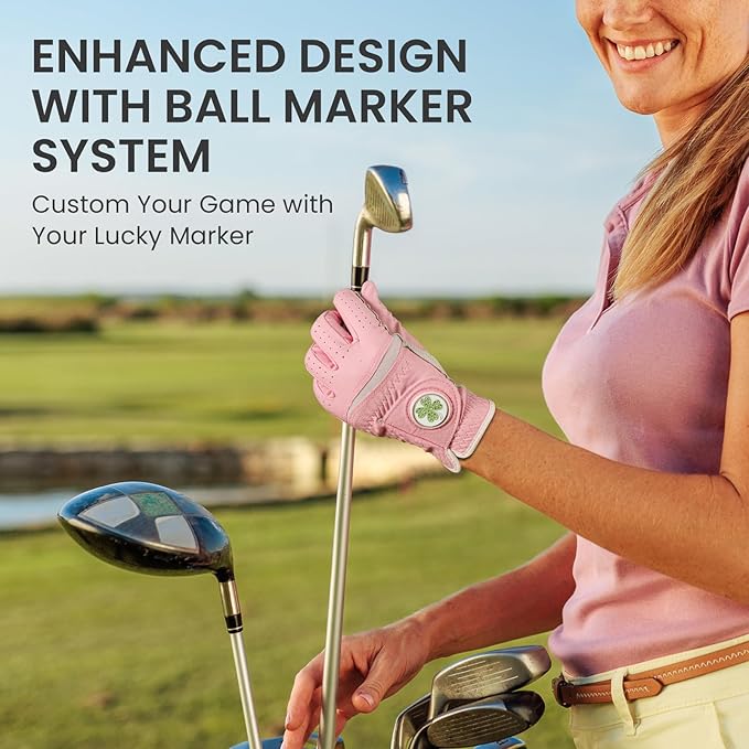 Womens Golf Glove with Clover Ball Marker 1 Pack, All Weather Grip Microfiber & Leather Gloves for Ladies, Comfortable Breathable Fit for Left Hand or Right Hand in White Pink