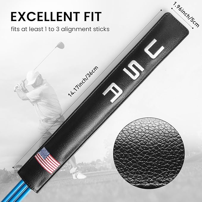 FINGER TEN Golf Alignment Stick Cover Headcover Rods Holder Case Leather 14''× 2'' in USA Black White Green Hold at Least 2 Sticks