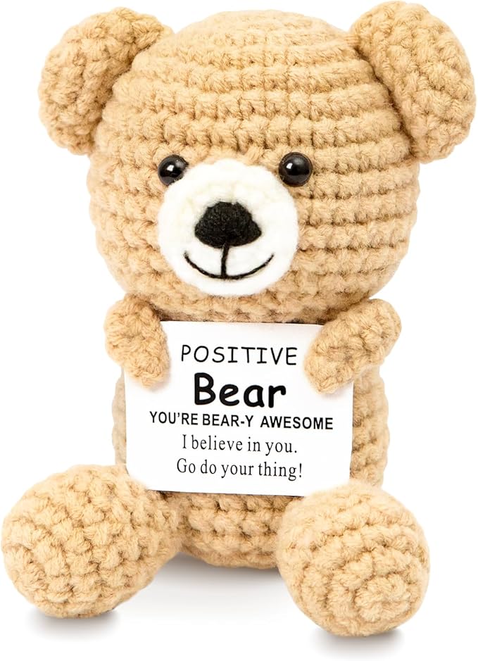 Mini Positive Crochet Bear,Cute Animals with Positive Messages Emotional Support Animals Funny Emotional Support Crochet Stuffed Gifts Handmade Bear Inspirational Gift